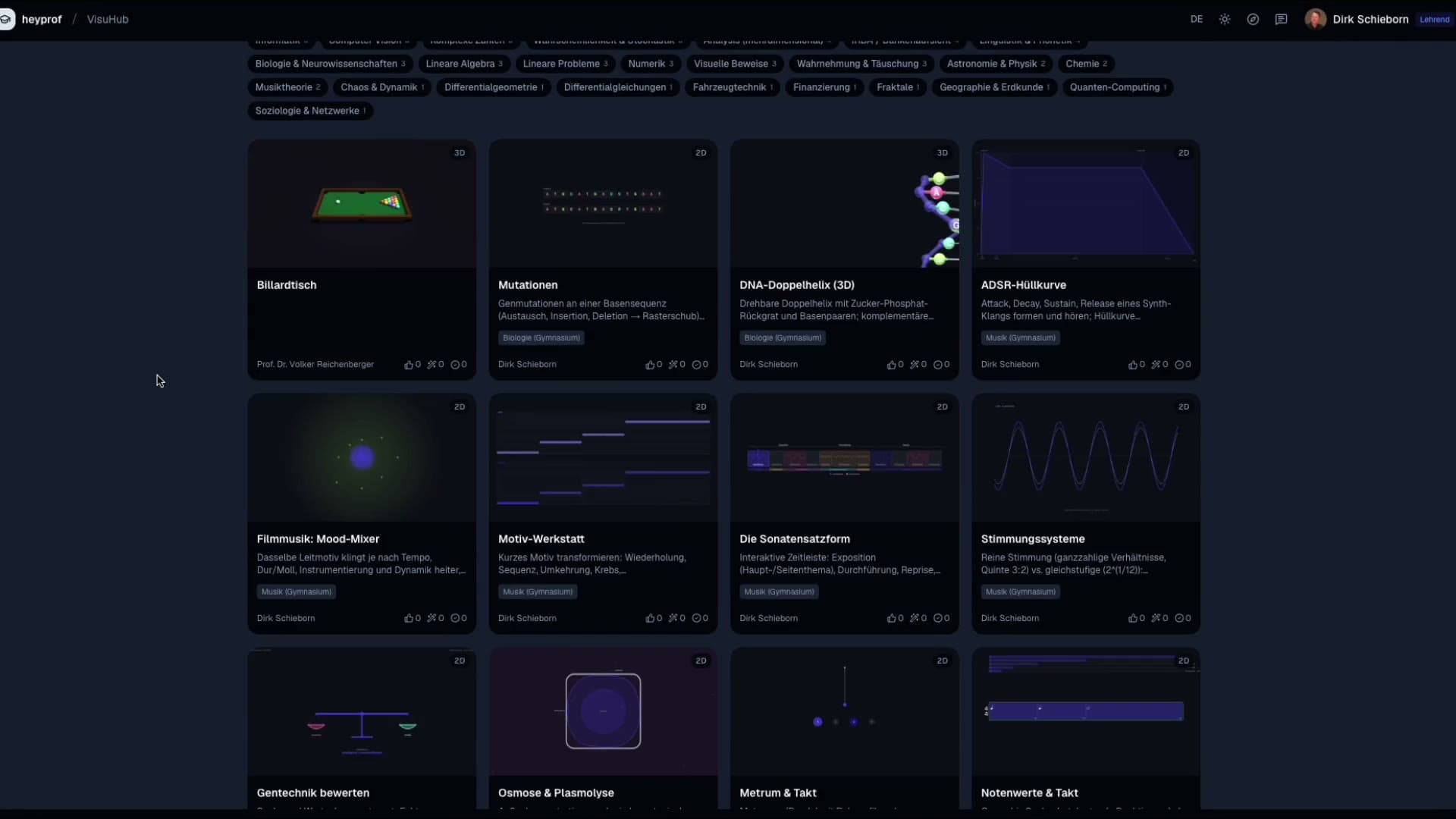 Eine Übersicht stellt Lern-Apps mit Vorschaubildern und Titeln vor. Lehrende finden hier Visualisierungen für ihre Kurse.