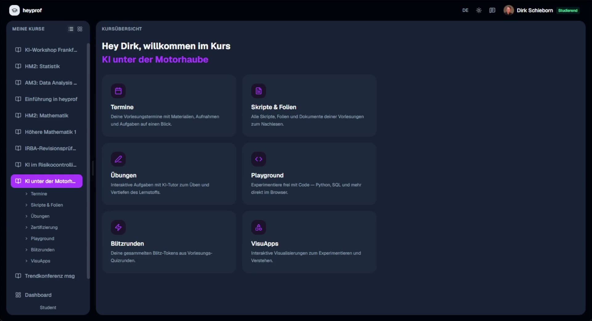 Eine Vorlesungsansicht verbindet Kursmaterial mit einer interaktiven Visualisierung. Lehrende können einen Zusammenhang direkt an der App erklären.